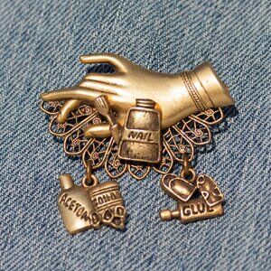 Vintage Gold Tone Nail Technician Brooch | Womens Salon Manicurist Pin Charm